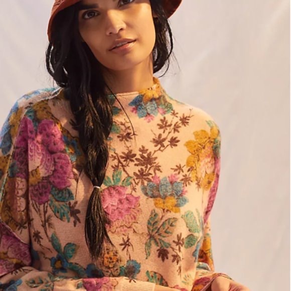SOLD-Anthropologie Cashmere Floral Print Mock Neck Long Sleeve Sweater Pilcro - Picture 11 of 14